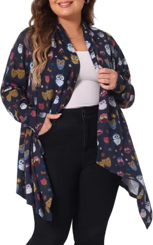 Agnes Orinda Plus Size Halloween Owl Cardigan for Women Flowy Print Loose Open Front Knitting Sweater Cardigans