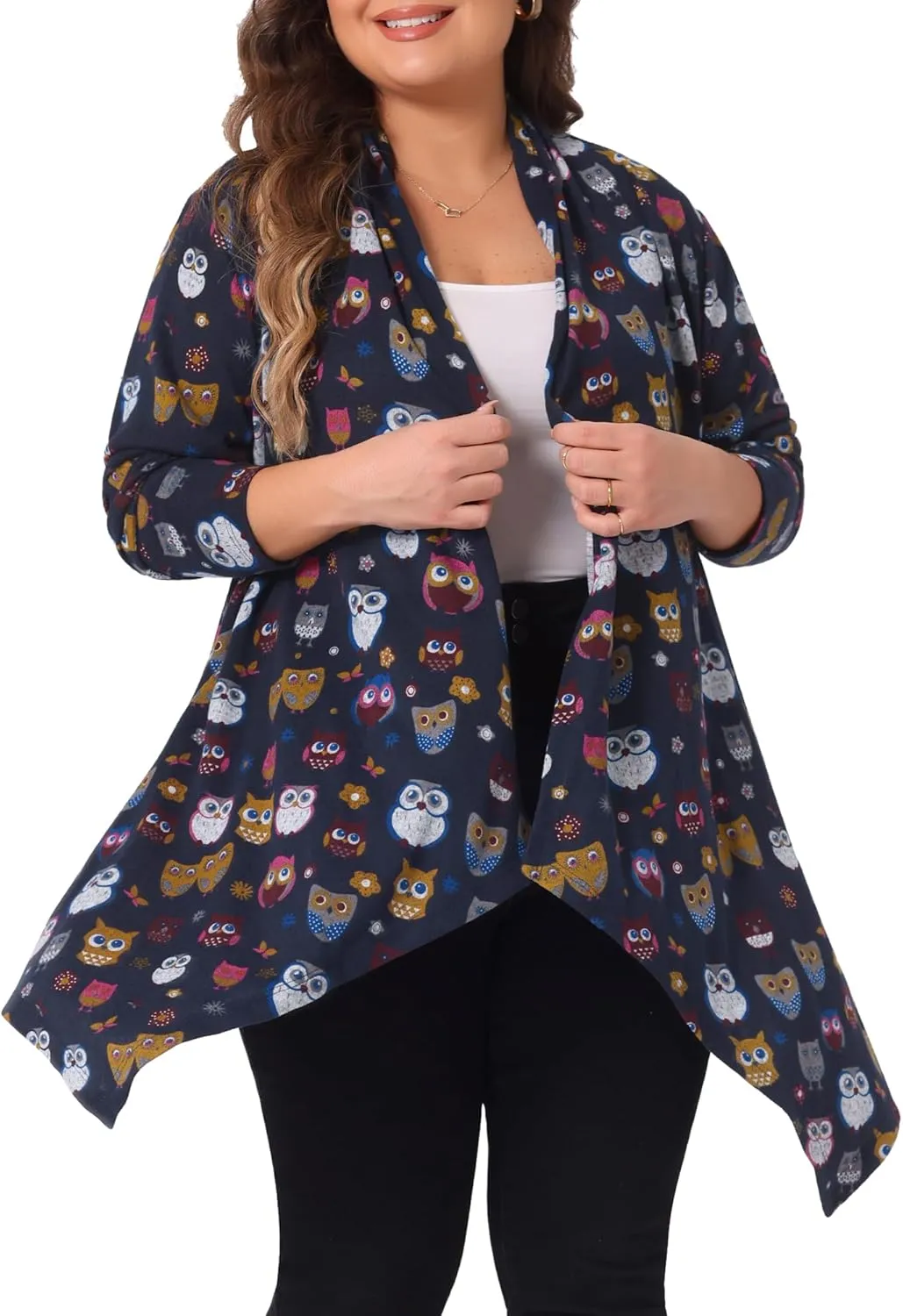 Agnes Orinda Plus Size Halloween Owl Cardigan for Women Flowy Print Loose Open Front Knitting Sweater Cardigans