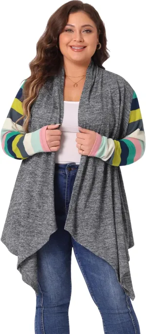 Agnes Orinda Women's Plus Size Cardigan Duster Open Front Long Sleeve Lightweight Stripe Splicing Long Cardigans