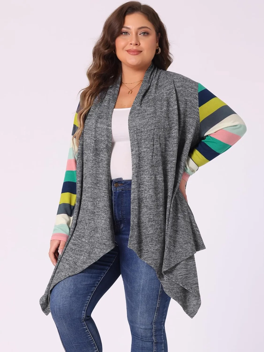 Agnes Orinda Women's Plus Size Cardigan Duster Open Front Long Sleeve Lightweight Stripe Splicing Long Cardigans