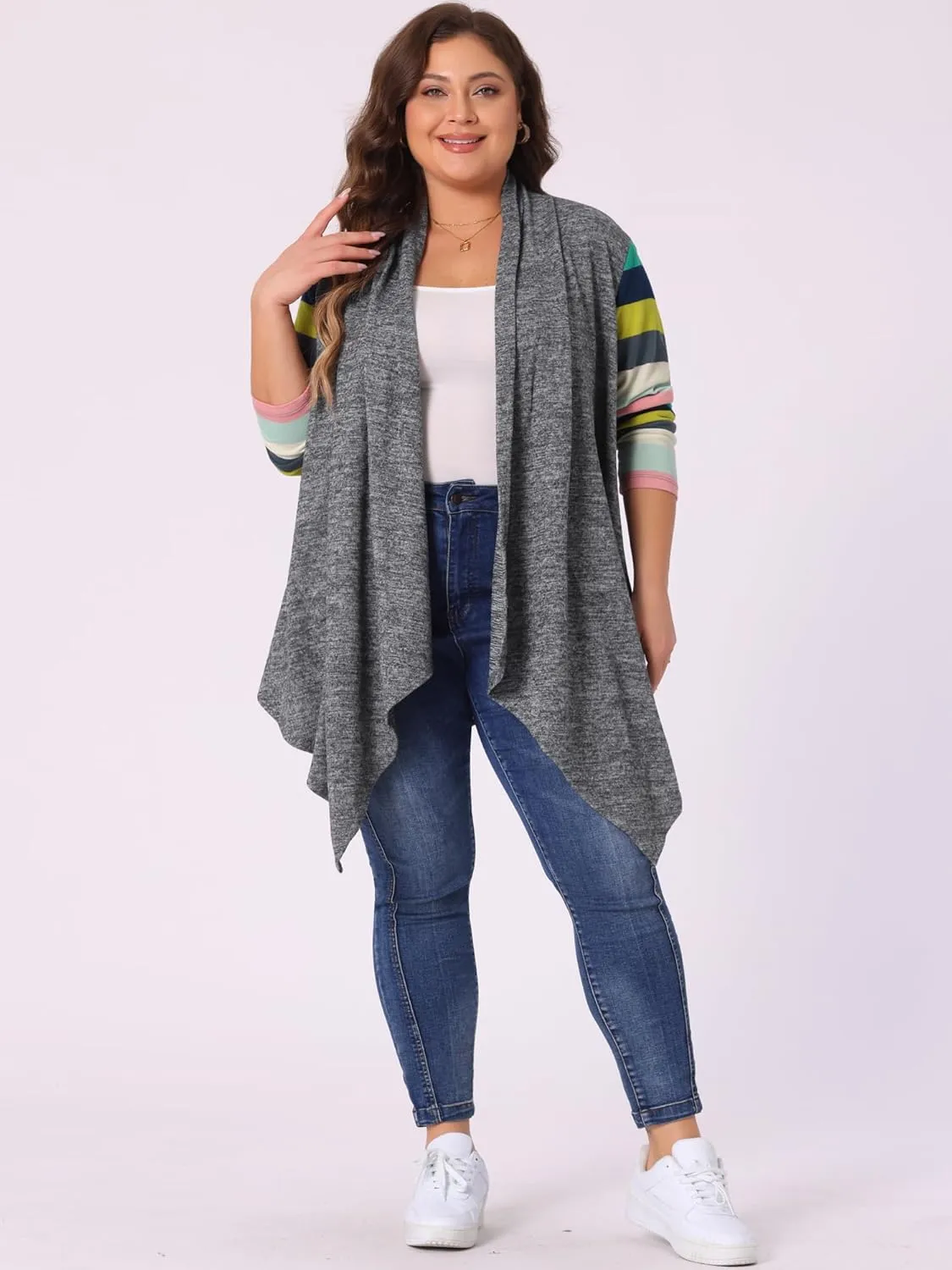Agnes Orinda Women's Plus Size Cardigan Duster Open Front Long Sleeve Lightweight Stripe Splicing Long Cardigans