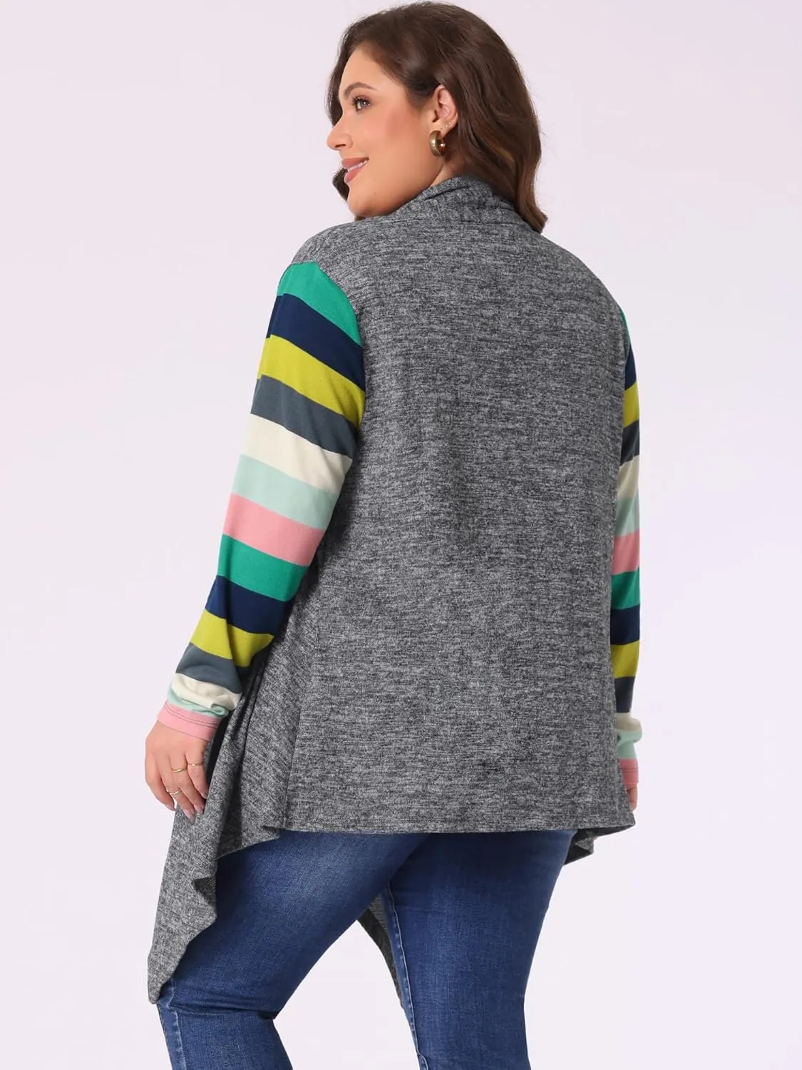 Agnes Orinda Women's Plus Size Cardigan Duster Open Front Long Sleeve Lightweight Stripe Splicing Long Cardigans