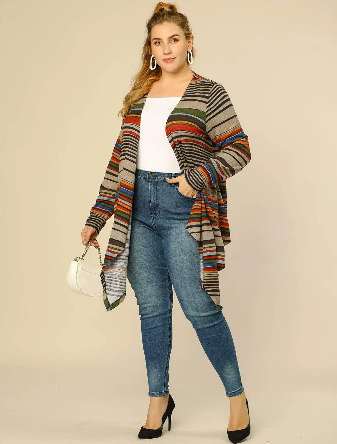 Agnes Orinda Women's Plus Size Cardigans Kimonos Color Block Boho Striped Open Front Cardigan 2024