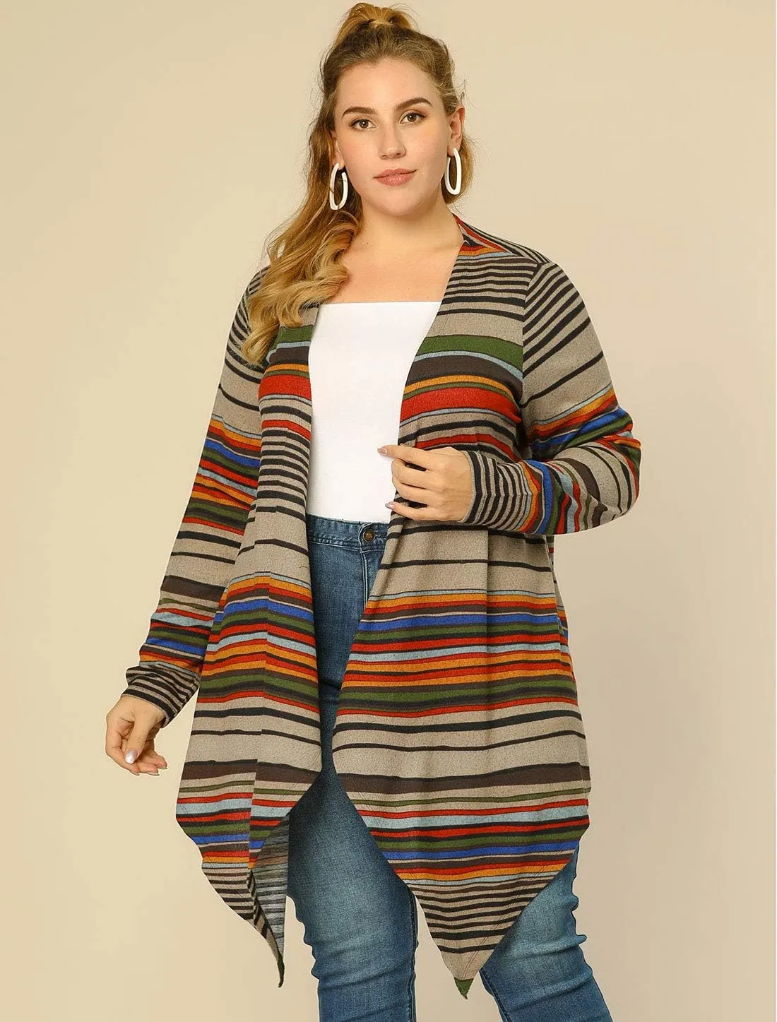 Agnes Orinda Women's Plus Size Cardigans Kimonos Color Block Boho Striped Open Front Cardigan 2024