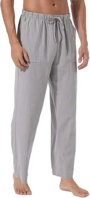 AITFINEISM Men's Casual Cotton Linen Pants Elastic Waist Lightweight Drawstring Summer Pants (32-34, B-Light Grey)