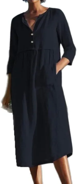 Akivide Womens Cotton Linen Casual Loose Midi Dress 3/4 Sleeve Flowy Beach Vacation Shirt Dresses with Pockets