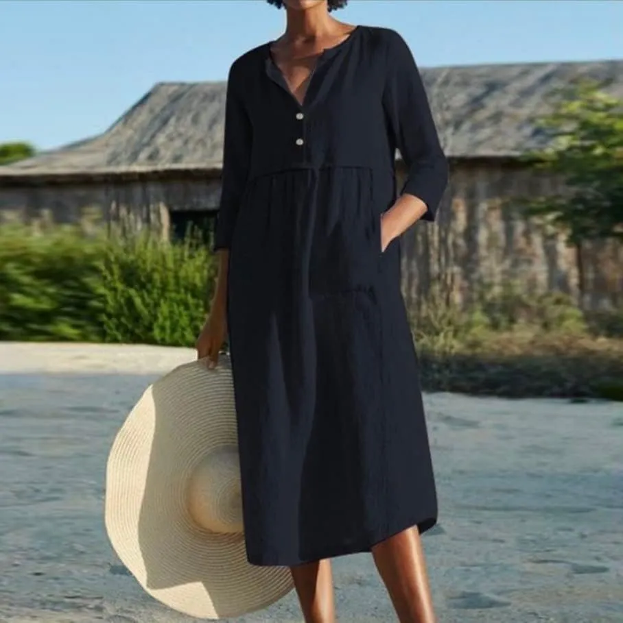 Akivide Womens Cotton Linen Casual Loose Midi Dress 3/4 Sleeve Flowy Beach Vacation Shirt Dresses with Pockets