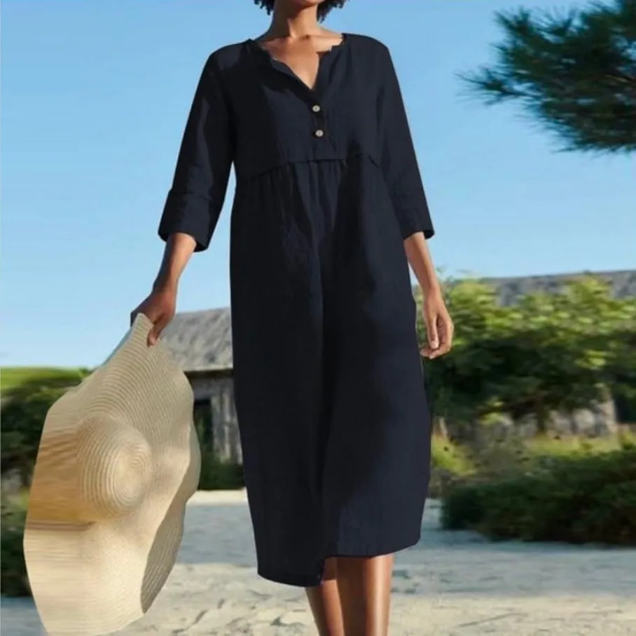 Akivide Womens Cotton Linen Casual Loose Midi Dress 3/4 Sleeve Flowy Beach Vacation Shirt Dresses with Pockets