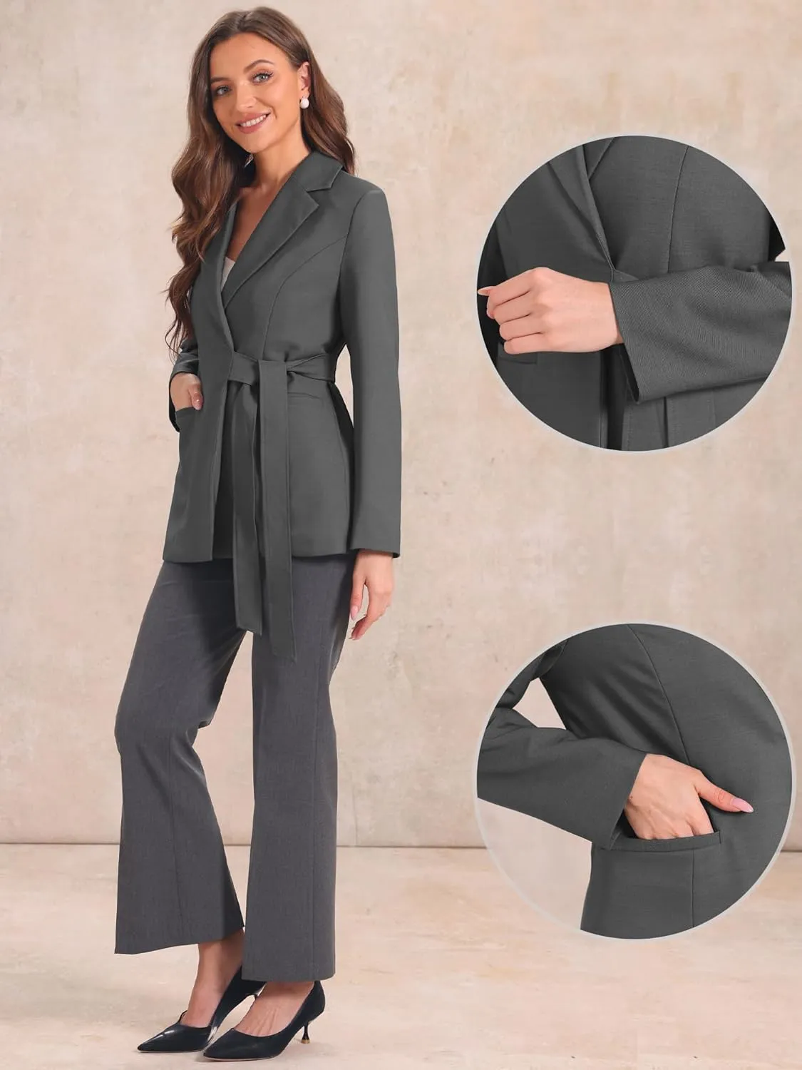 Allegra K Casual Belted Blazer for Women's Lapel Long Sleeve Work Office Wrap Blazer Jackets
