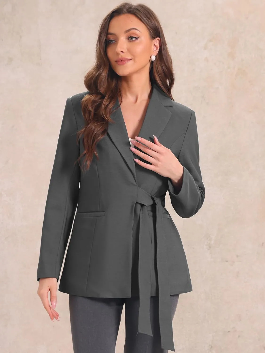 Allegra K Casual Belted Blazer for Women's Lapel Long Sleeve Work Office Wrap Blazer Jackets