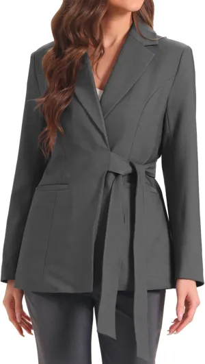 Allegra K Casual Belted Blazer for Women's Lapel Long Sleeve Work Office Wrap Blazer Jackets