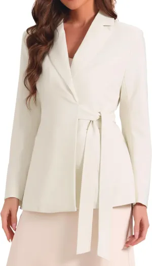 Allegra K Casual Belted Blazer for Women's Lapel Long Sleeve Work Office Wrap Blazer Jackets