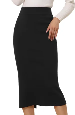 Allegra K Women's Sweater Skirts Ribbed Knit Elastic High Waist Stretchy Slit Casual Office Pencil Midi Skirt