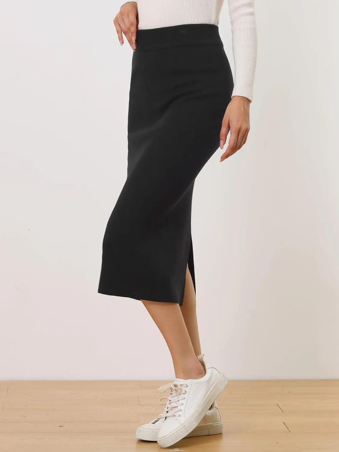 Allegra K Women's Sweater Skirts Ribbed Knit Elastic High Waist Stretchy Slit Casual Office Pencil Midi Skirt