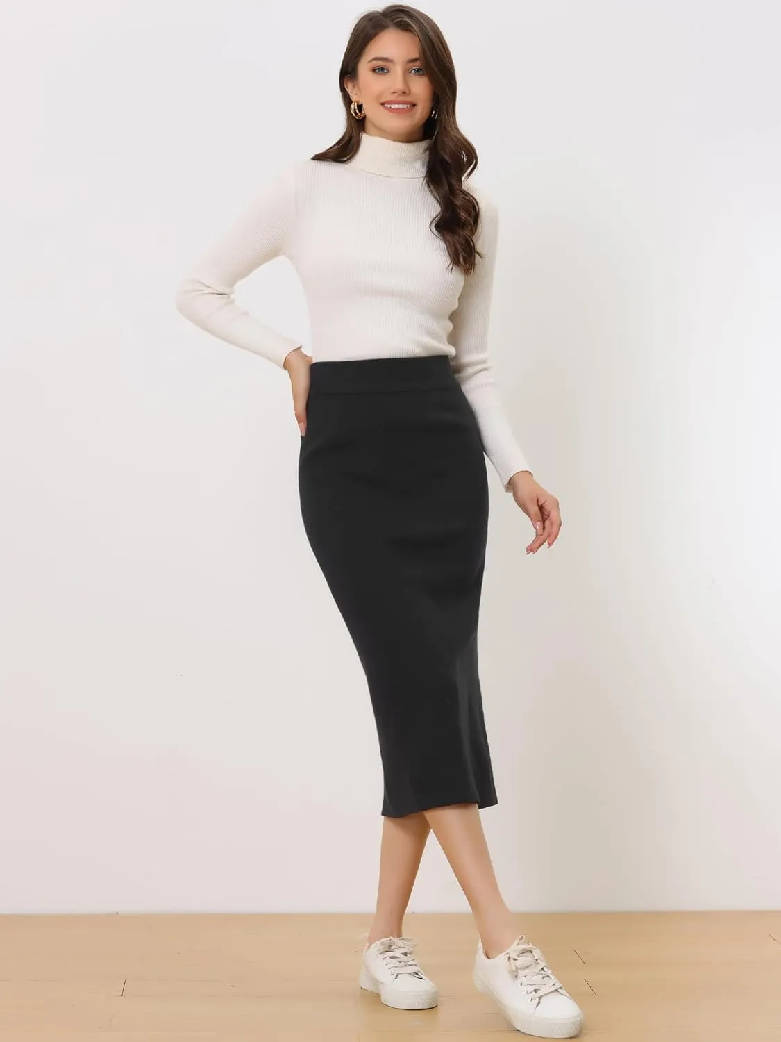 Allegra K Women's Sweater Skirts Ribbed Knit Elastic High Waist Stretchy Slit Casual Office Pencil Midi Skirt