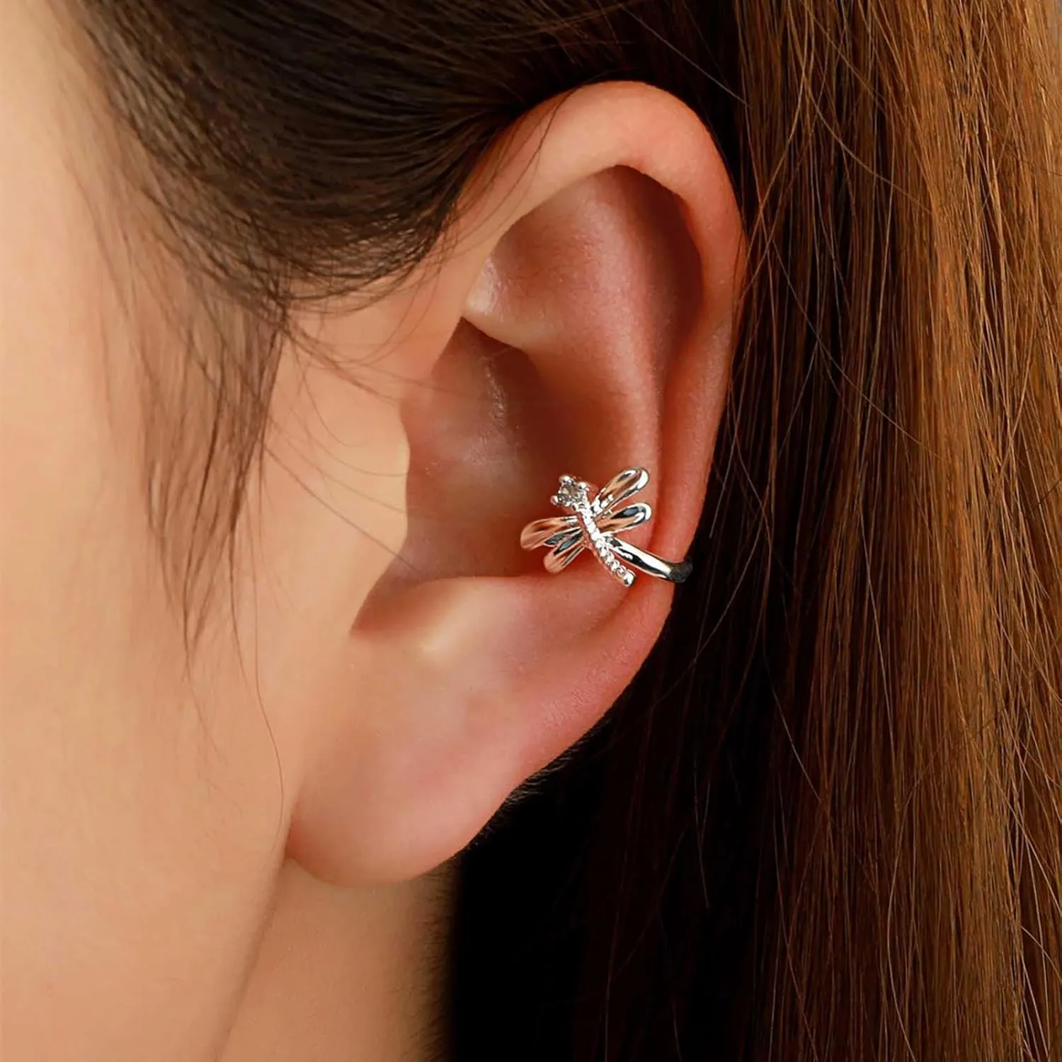 Andelaisi Boho Crystal Dragonfly Ear Cuff - Vintage Gold Clip On Earrings - No Piercing Cartilage Jewelry for Women