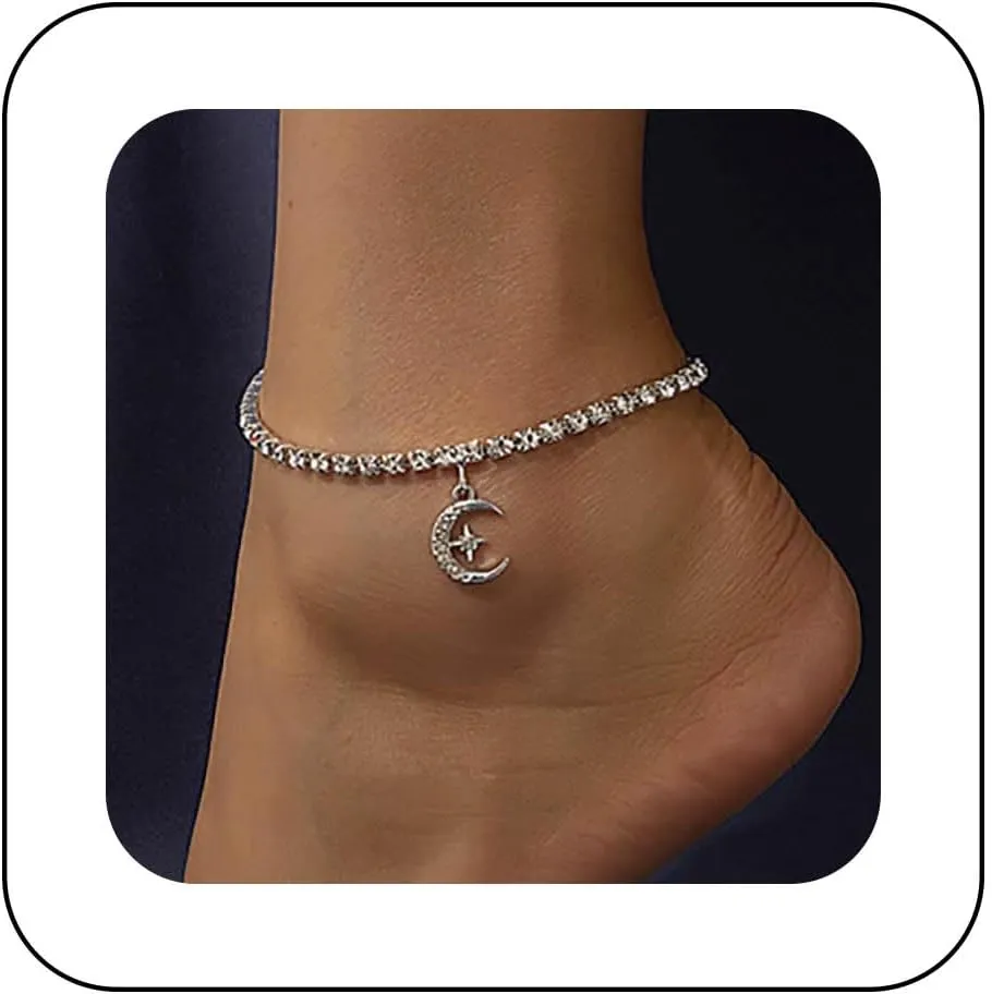 Andelaisi Boho Moon Star Anklet Bracelet Vintage Crystal Moon Ankle Bracelet CZ Tennis Chain Ankle Chain Bracelet Personalized Star Foot Chain Jewelry for Women