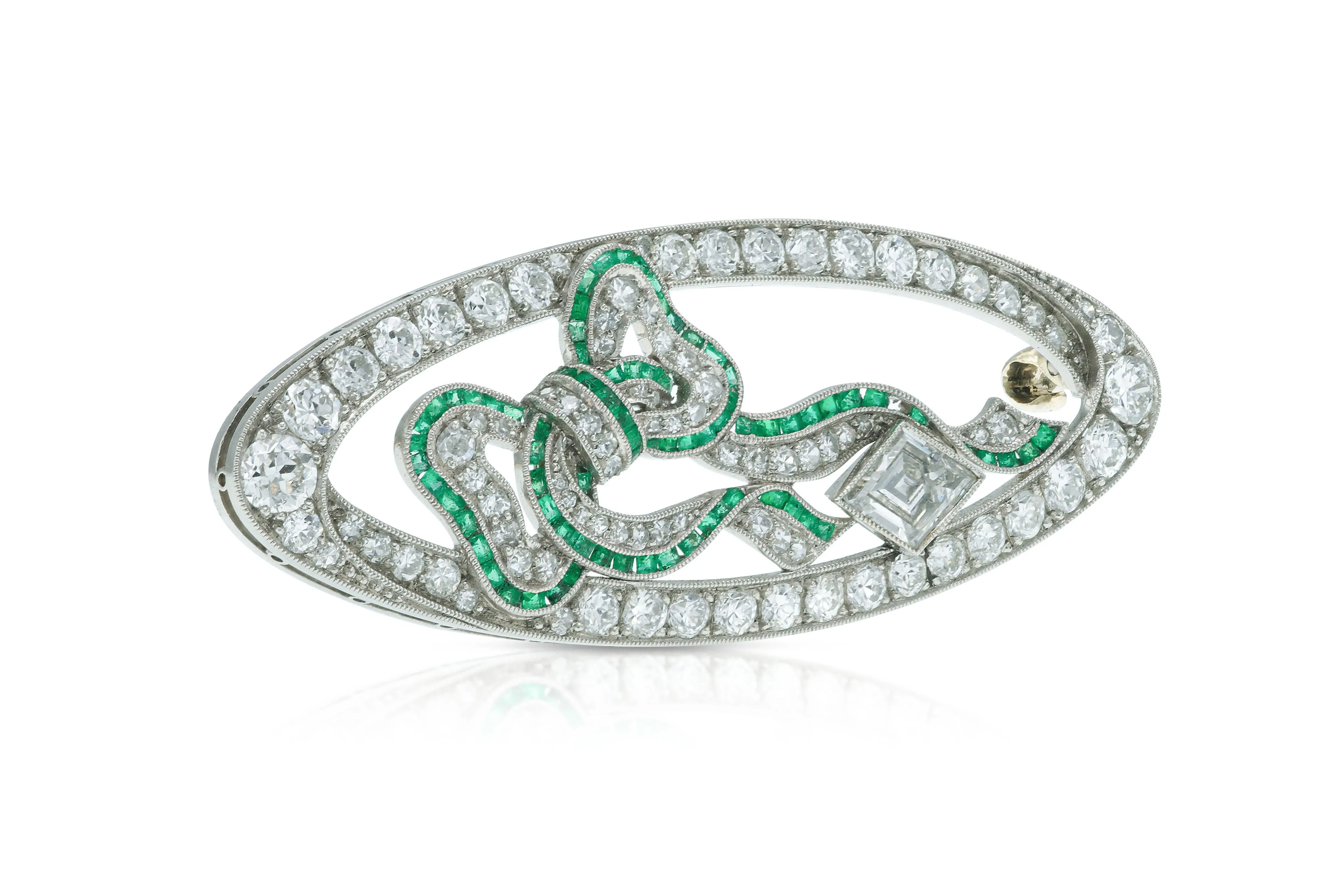 Antique Art Deco 1920s3.00 Carat Bow Brooch with Emeralds