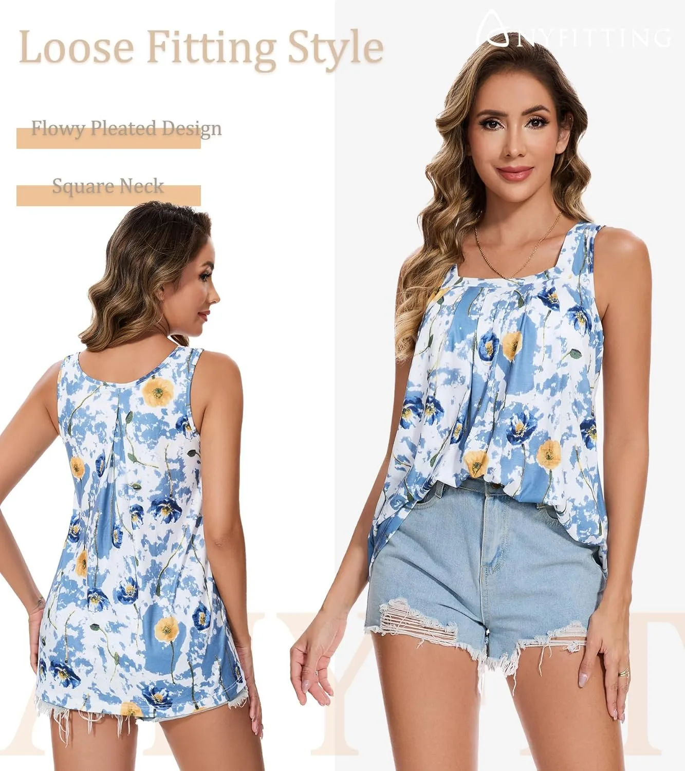 ANYFITTING Tank Top with Built in Bras Women Padded Flowy Loose Camisole Shirt Square Neck Sewn in Medium Support Wide Strap