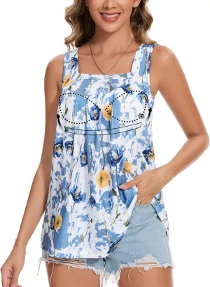 ANYFITTING Tank Top with Built in Bras Women Padded Flowy Loose Camisole Shirt Square Neck Sewn in Medium Support Wide Strap