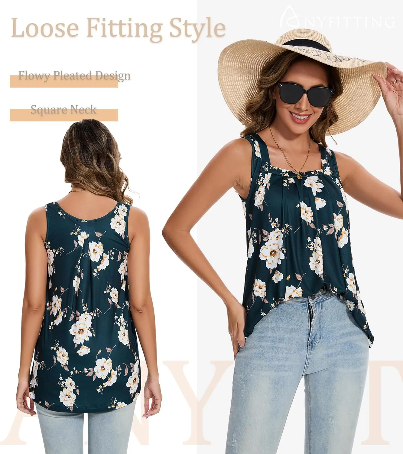 ANYFITTING Tank Top with Built in Bras Women Padded Flowy Loose Camisole Shirt Square Neck Sewn in Medium Support Wide Strap