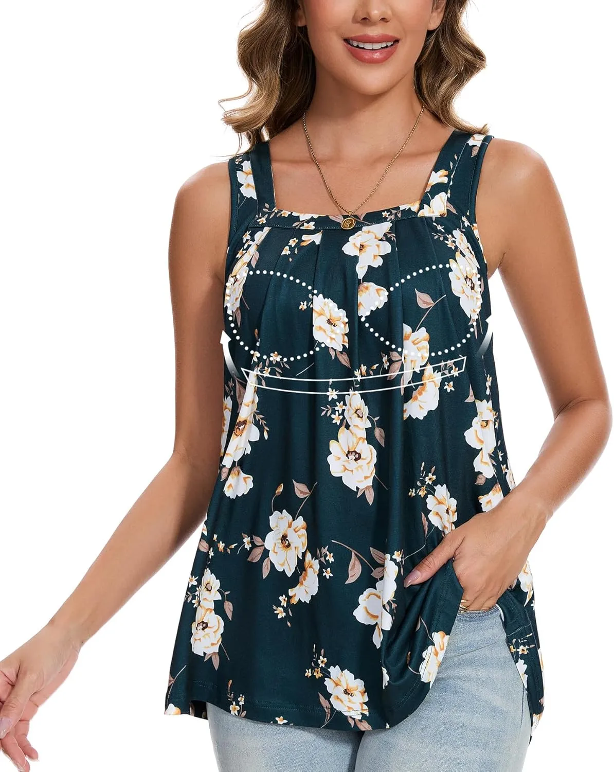 ANYFITTING Tank Top with Built in Bras Women Padded Flowy Loose Camisole Shirt Square Neck Sewn in Medium Support Wide Strap