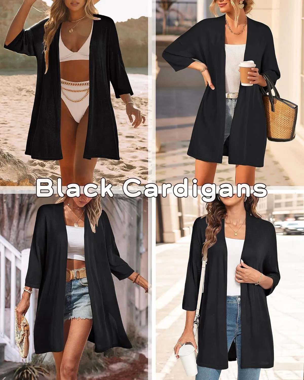 Arach&Cloz Women's 2025 Summer 3/4 Short Sleeve Open Front Lightweight Outfit Cardigan Casual Kimono Beach Sweater