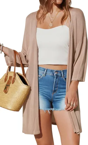 Arach&Cloz Women's 2025 Summer 3/4 Short Sleeve Open Front Lightweight Outfit Cardigan Casual Kimono Beach Sweater