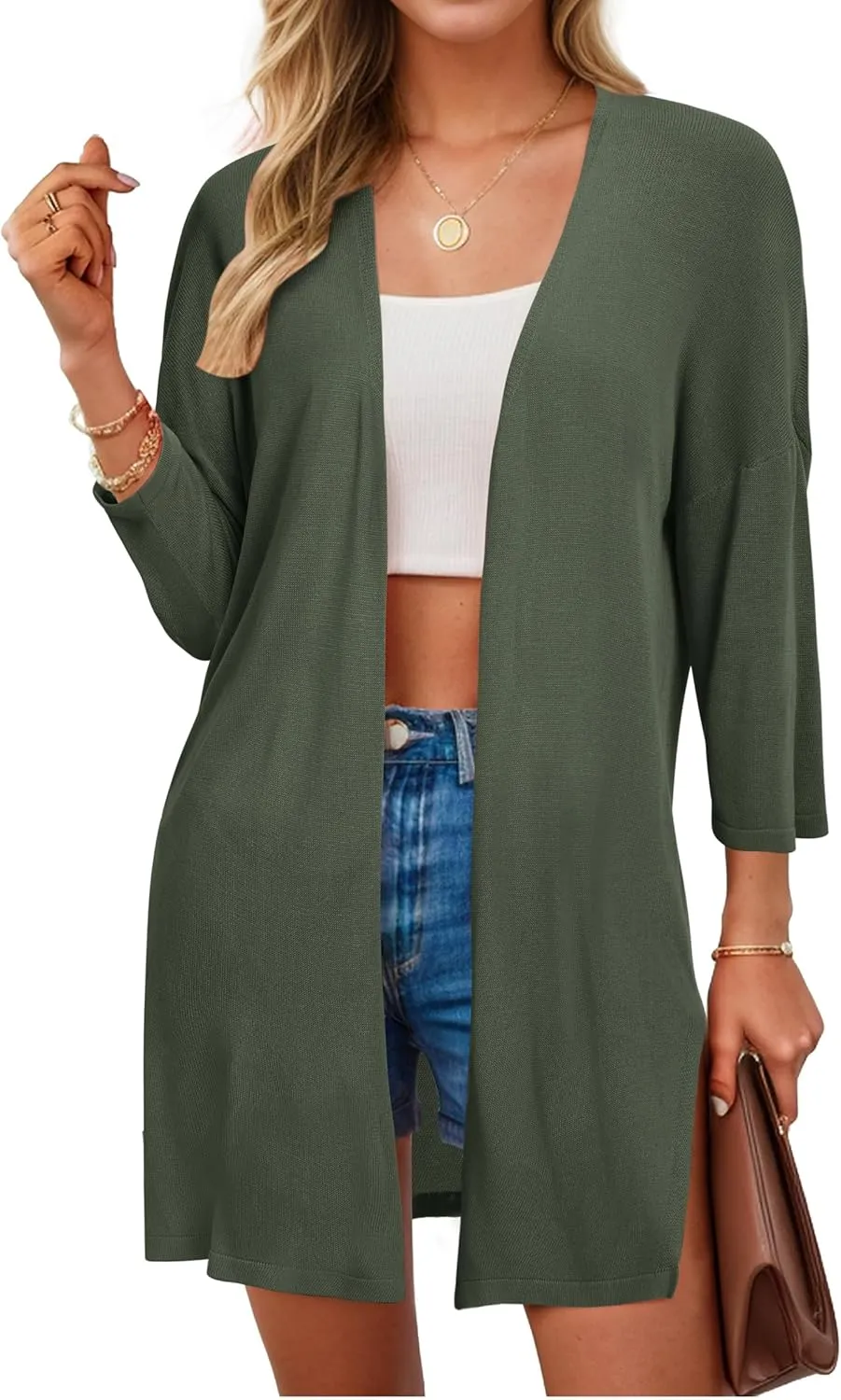 Arach&Cloz Women's 2025 Summer 3/4 Short Sleeve Open Front Lightweight Outfit Cardigan Casual Kimono Beach Sweater