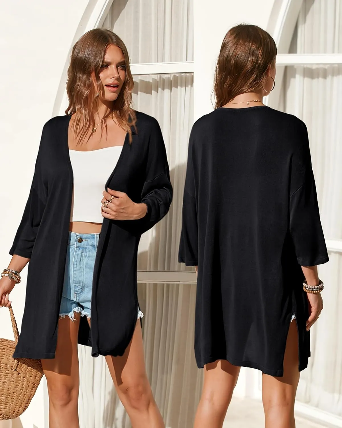 Arach&Cloz Women's 2025 Summer 3/4 Short Sleeve Open Front Lightweight Outfit Cardigan Casual Kimono Beach Sweater