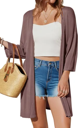 Arach&Cloz Women's 2025 Summer 3/4 Short Sleeve Open Front Lightweight Outfit Cardigan Casual Kimono Beach Sweater