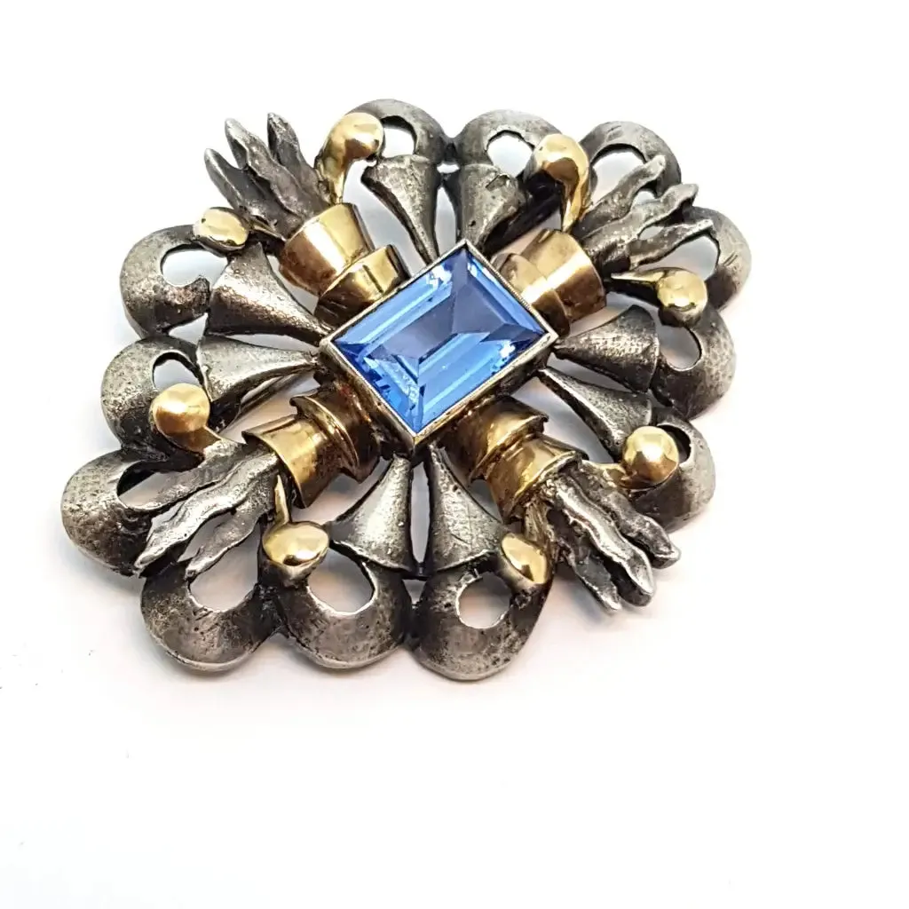 Art Deco brooch, Art Deco silver, gold and simile aquamarine pin, circa 1930.