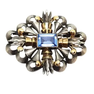 Art Deco brooch, Art Deco silver, gold and simile aquamarine pin, circa 1930.