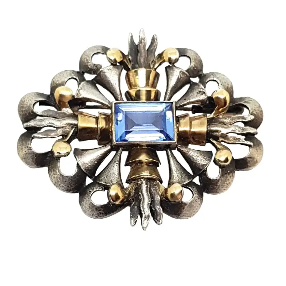 Art Deco brooch, Art Deco silver, gold and simile aquamarine pin, circa 1930.