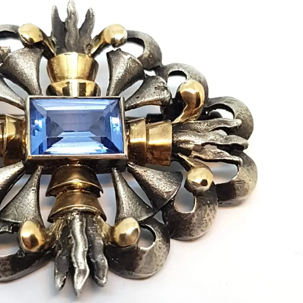 Art Deco brooch, Art Deco silver, gold and simile aquamarine pin, circa 1930.