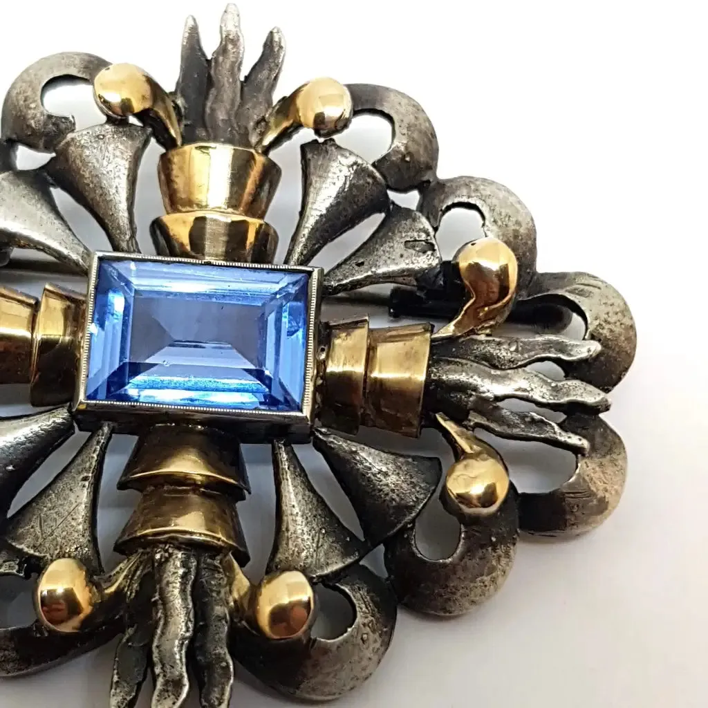 Art Deco brooch, Art Deco silver, gold and simile aquamarine pin, circa 1930.