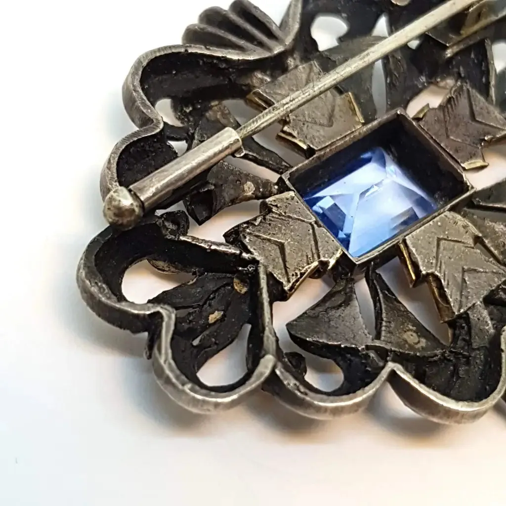 Art Deco brooch, Art Deco silver, gold and simile aquamarine pin, circa 1930.