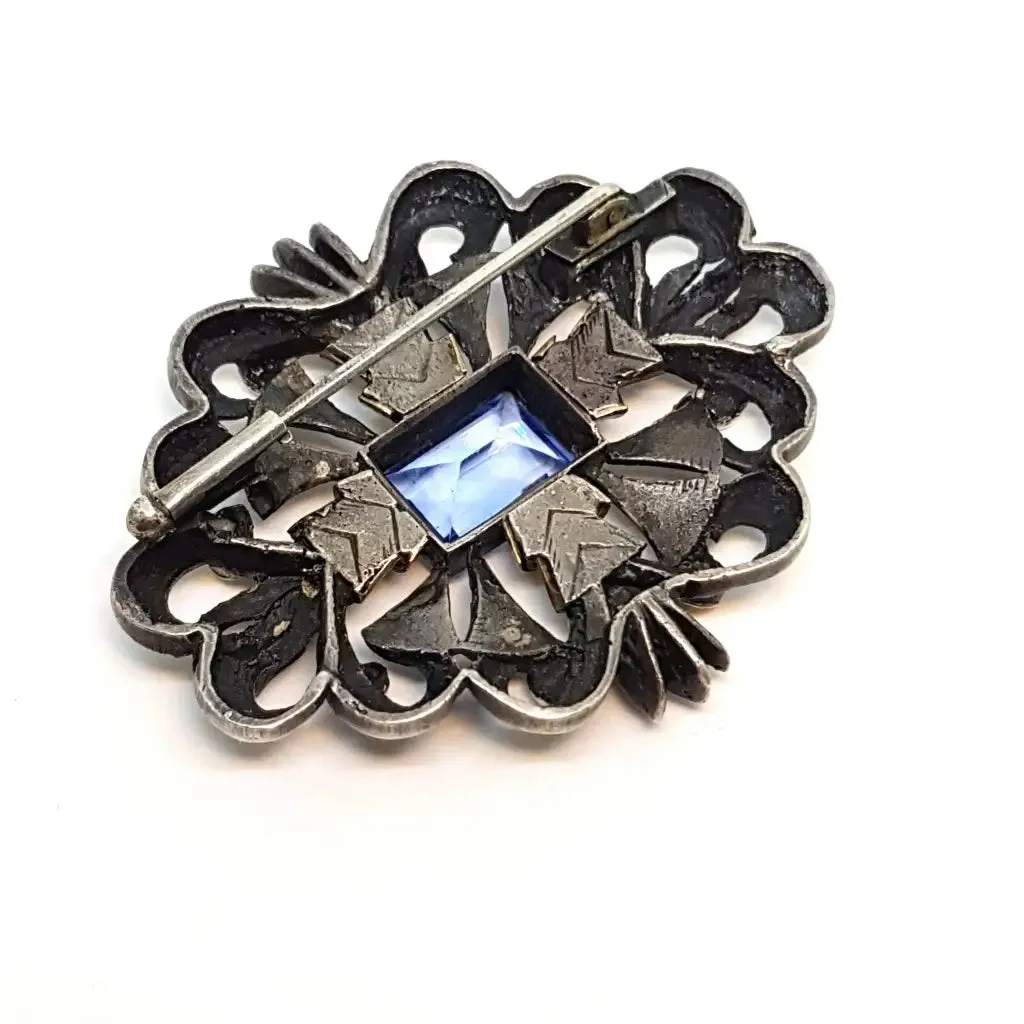 Art Deco brooch, Art Deco silver, gold and simile aquamarine pin, circa 1930.
