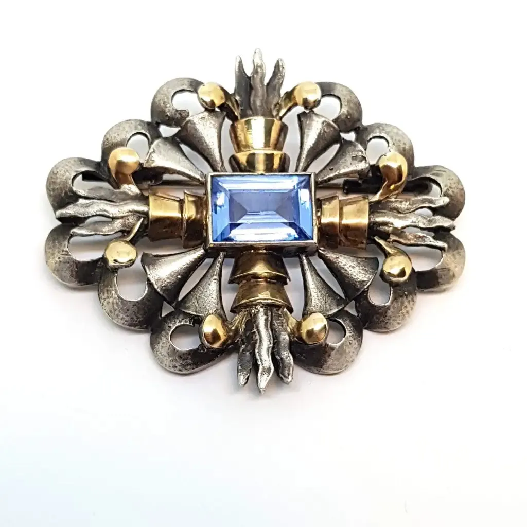 Art Deco brooch, Art Deco silver, gold and simile aquamarine pin, circa 1930.