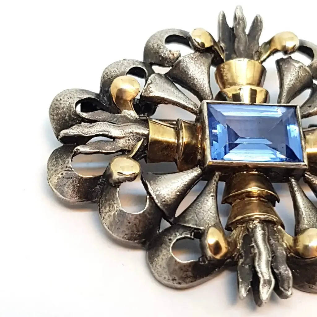 Art Deco brooch, Art Deco silver, gold and simile aquamarine pin, circa 1930.