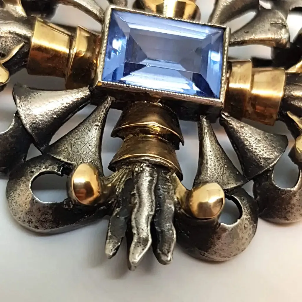 Art Deco brooch, Art Deco silver, gold and simile aquamarine pin, circa 1930.