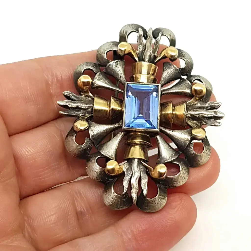 Art Deco brooch, Art Deco silver, gold and simile aquamarine pin, circa 1930.