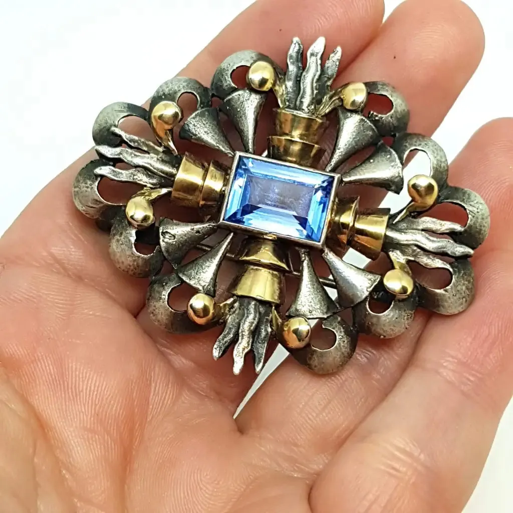 Art Deco brooch, Art Deco silver, gold and simile aquamarine pin, circa 1930.