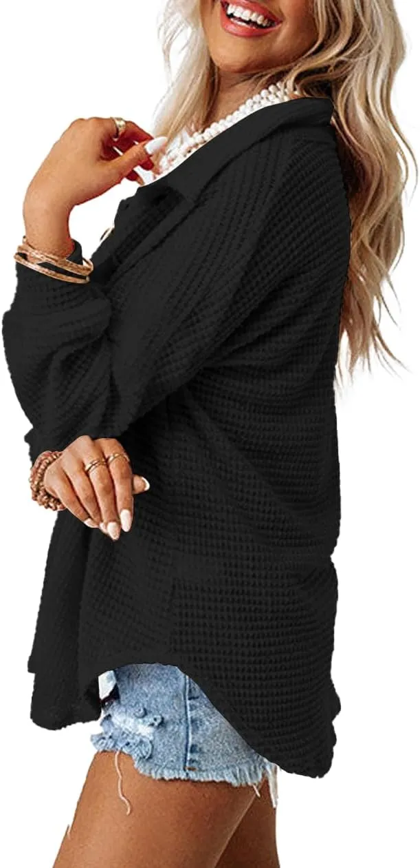 Beaully Womens Waffle Knit Long Sleeve Button Down Shirts Casual Lightweight Shacket Dressy Blouses Tops