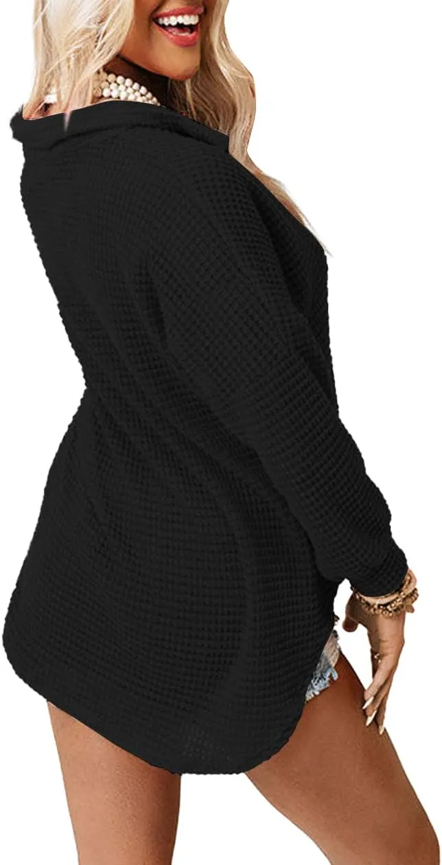 Beaully Womens Waffle Knit Long Sleeve Button Down Shirts Casual Lightweight Shacket Dressy Blouses Tops