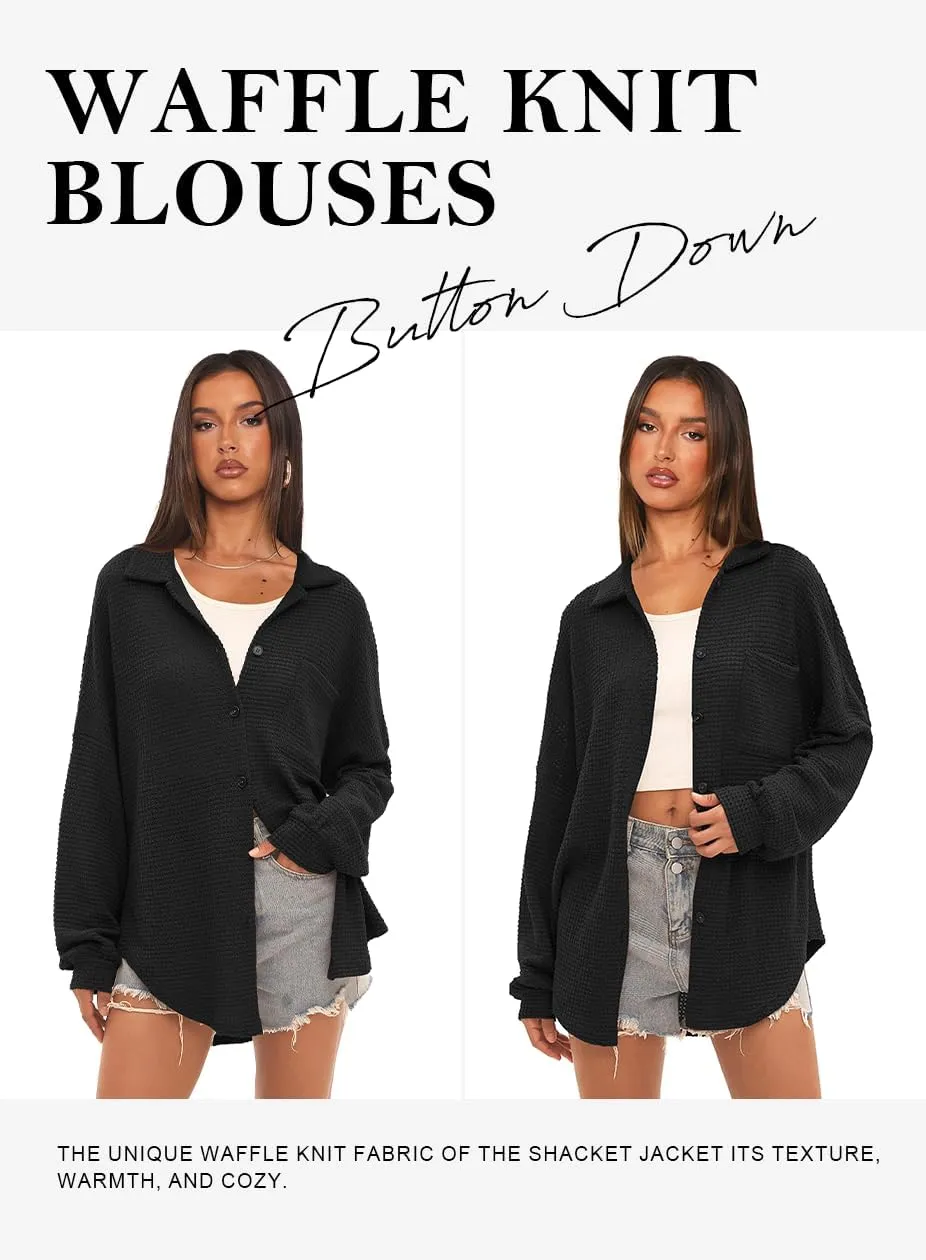 Beaully Womens Waffle Knit Long Sleeve Button Down Shirts Casual Lightweight Shacket Dressy Blouses Tops