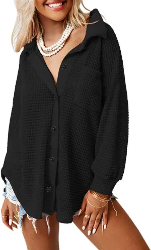 Beaully Womens Waffle Knit Long Sleeve Button Down Shirts Casual Lightweight Shacket Dressy Blouses Tops