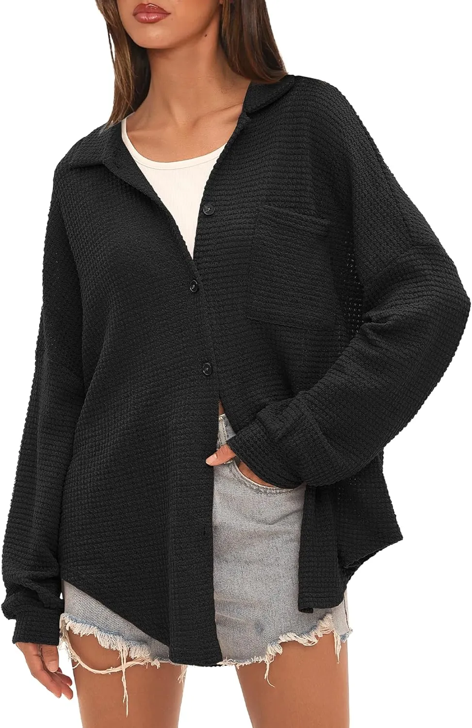 Beaully Womens Waffle Knit Long Sleeve Button Down Shirts Casual Lightweight Shacket Dressy Blouses Tops