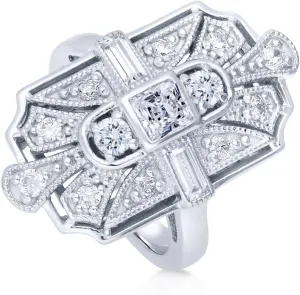 BERRICLE Sterling Silver Vintage Inspired Art Deco Cubic Zirconia CZ Statement Milgrain Cocktail Fashion Ring for Women, Rhodium Plated Size 4-10