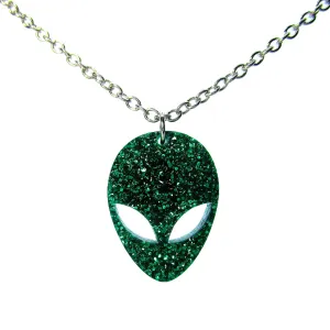 Big Green Alien Pendant Necklace, Big Eye Alien Glitter Outer Space Galaxy Jewelry, Gift for Space Cadet Rave Girls